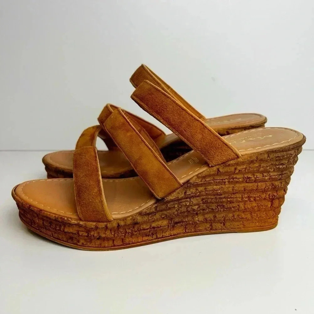 Mariella cork wedges sandals, heeled, 9, open toe,  brown Beach Pool Resort NEW